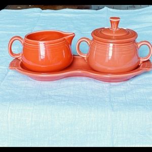 Fiesta ware Creamer Sugar Tray Set. Persimmon (or Poppy?) Excel Cond